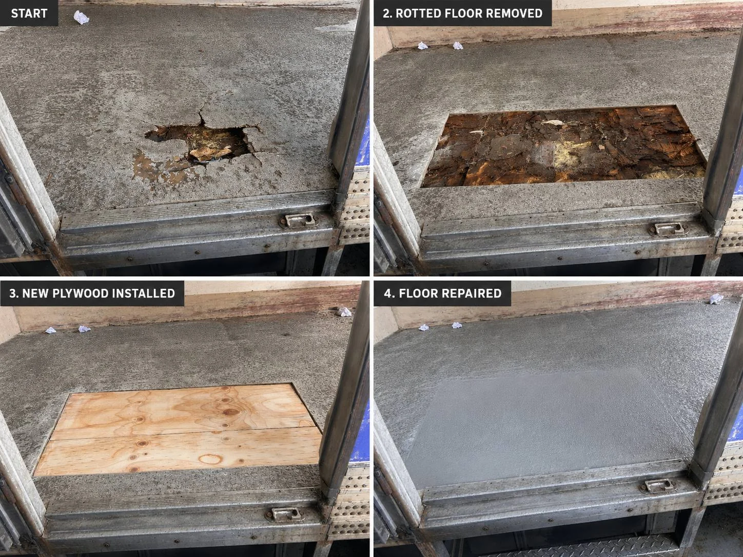 Truck floor refurbishment process in workshop — TKM Smash Repairs, Edmonton QLD