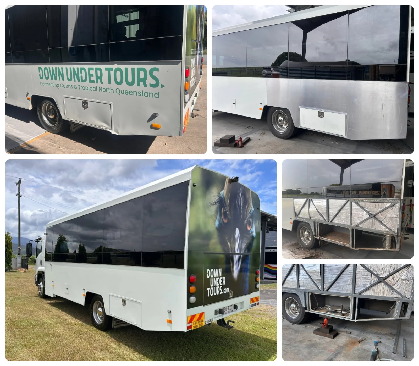 Down Under Tours bus repair collage of progress shots — TKM Smash Repairs, Edmonton QLD