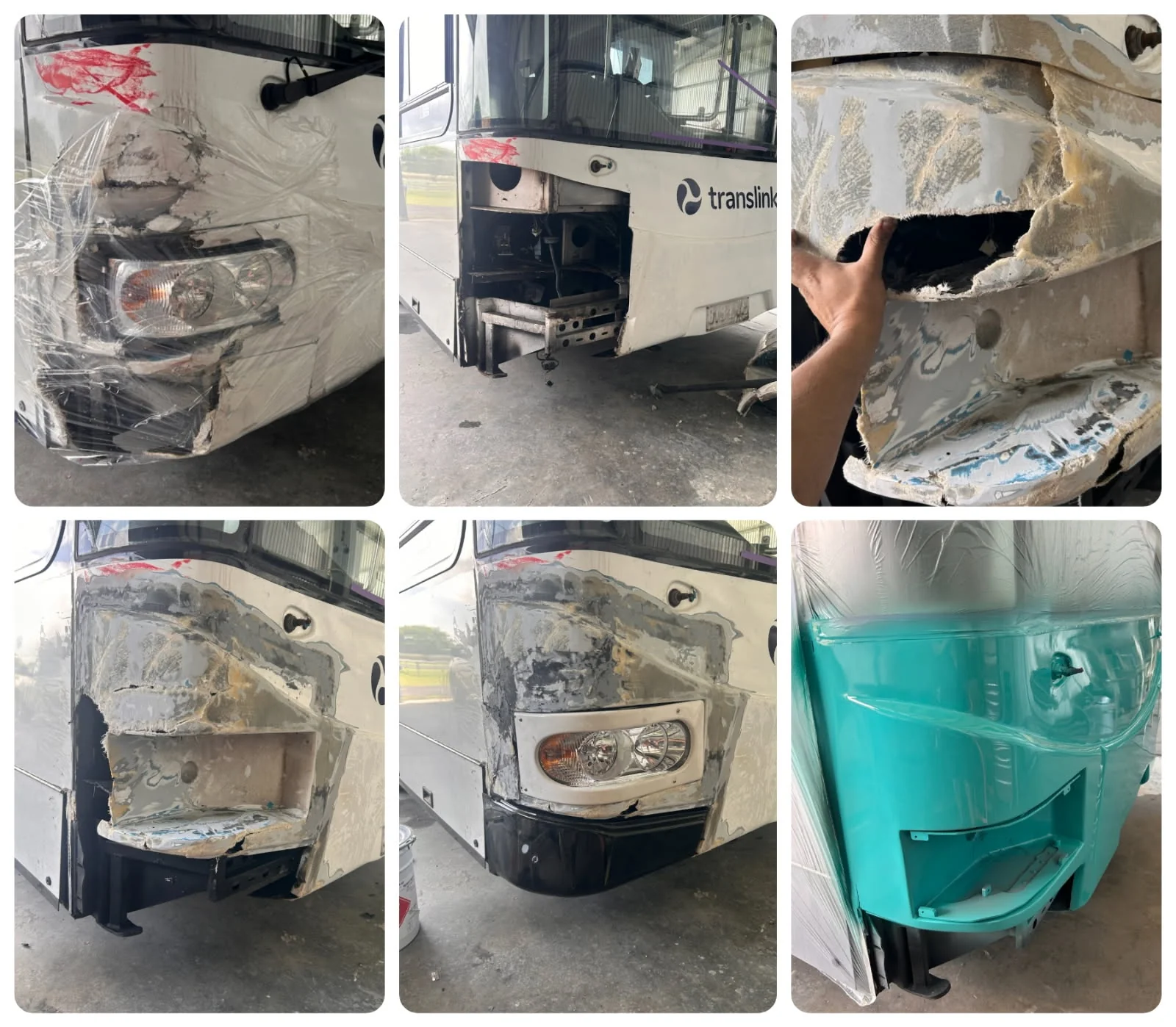 Translink bus smash repair collage of progress shots — TKM Smash Repairs, Edmonton QLD