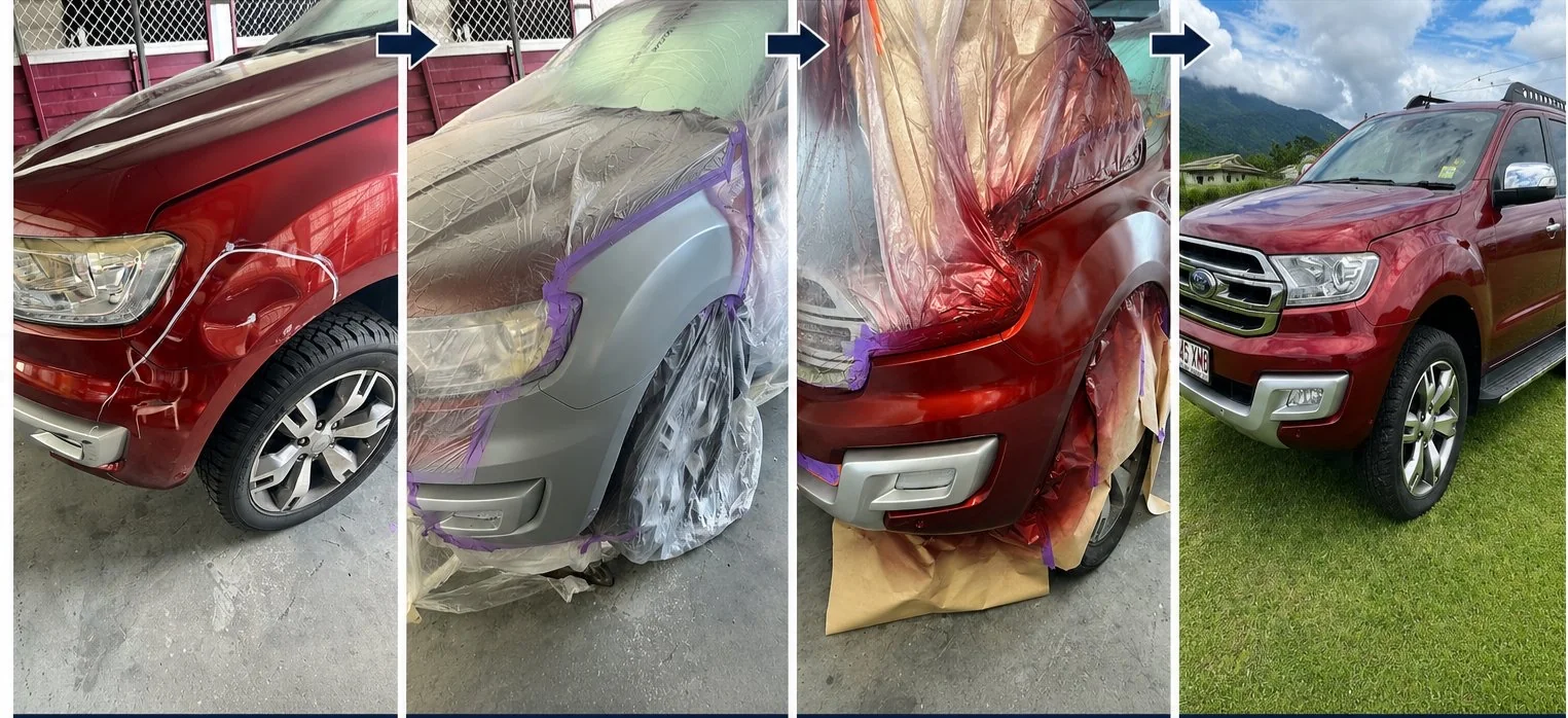 Ford Everest panel repair process in workshop — TKM Smash Repairs, Edmonton QLD