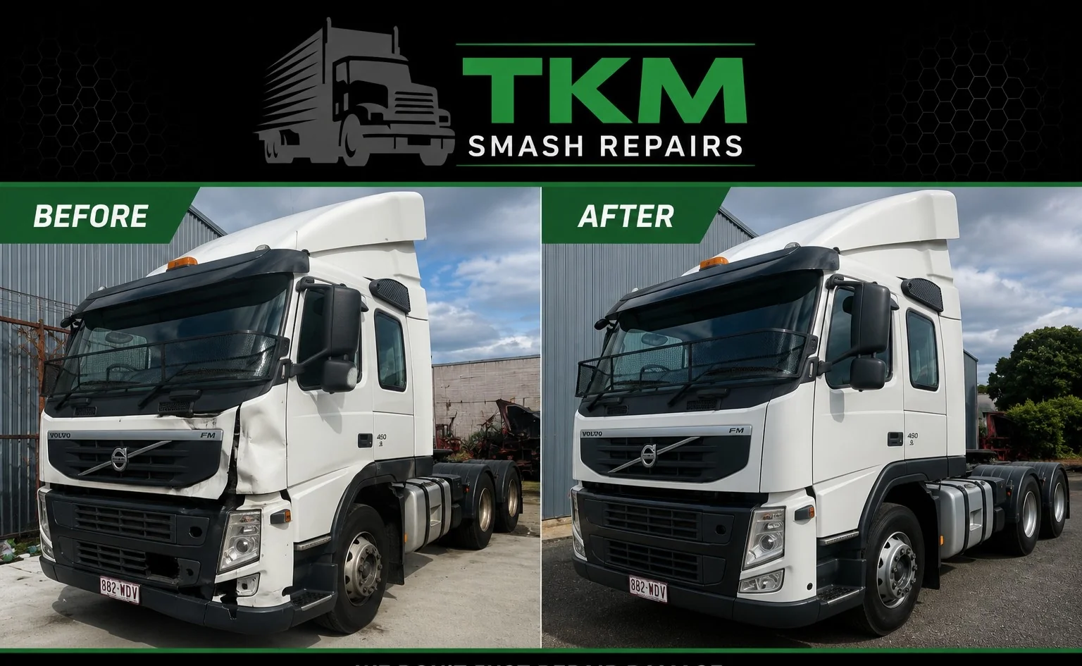 Volvo truck smash repair completed in workshop — TKM Smash Repairs, Edmonton QLD