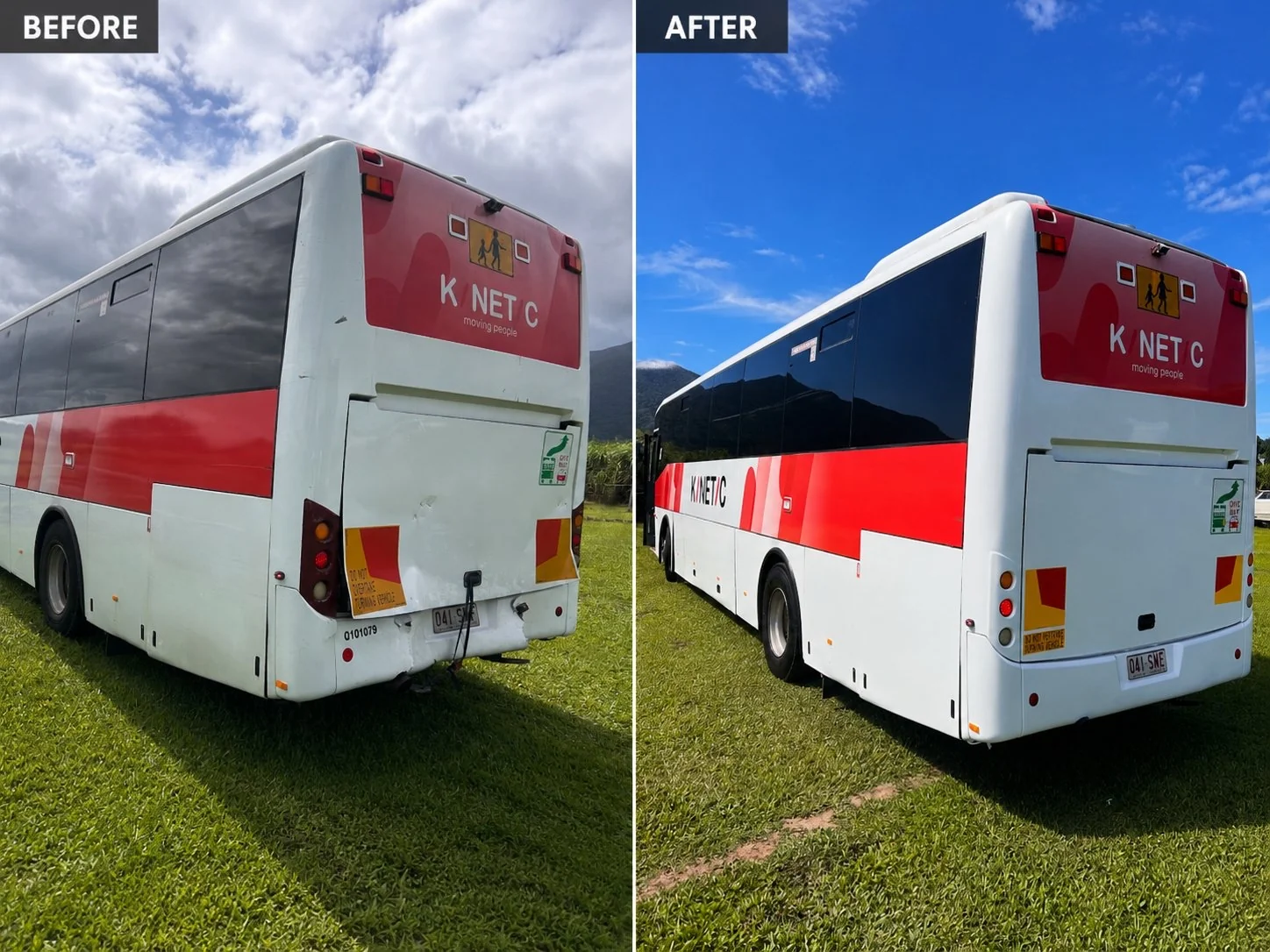 Kinetic bus rear panel repair after collision — TKM Smash Repairs, Edmonton QLD