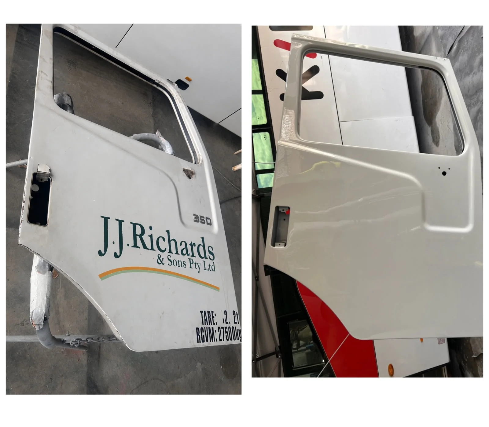 JJ Richards truck door repair before and after — TKM Smash Repairs, Edmonton QLD