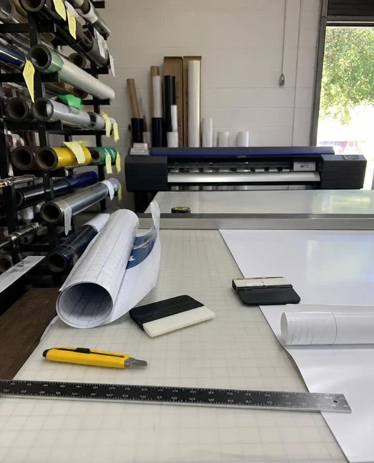 Rolls of vinyl signage material beside a cutting and application table — TKM Smash Repairs, Edmonton QLD