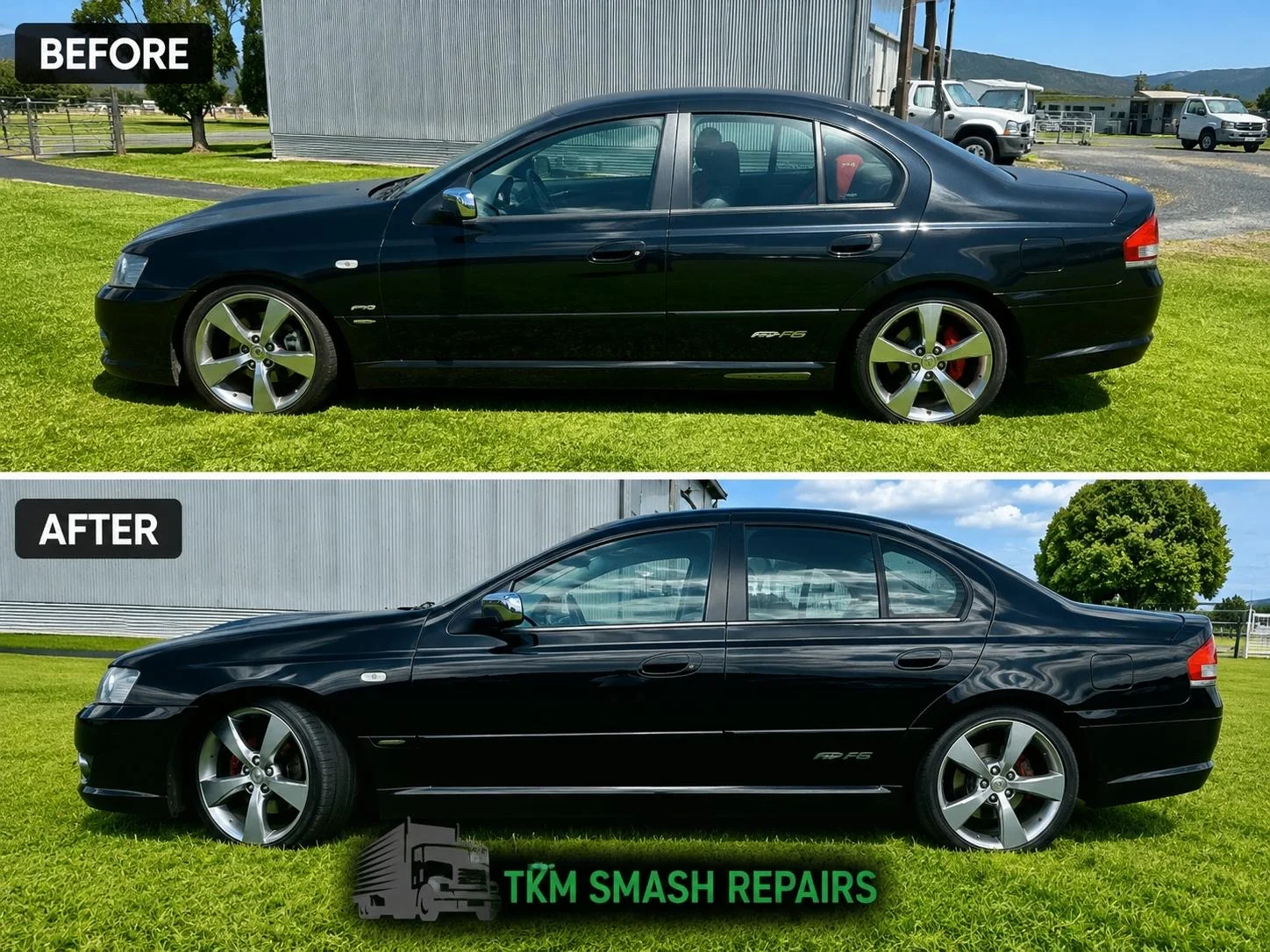 Ford Falcon FPV panel repair before and after — TKM Smash Repairs, Edmonton QLD