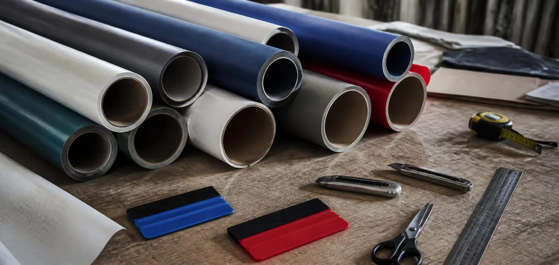Rolls of plain coloured signage vinyl with squeegees and cutting tools on a workbench — TKM Smash Repairs, Edmonton QLD
