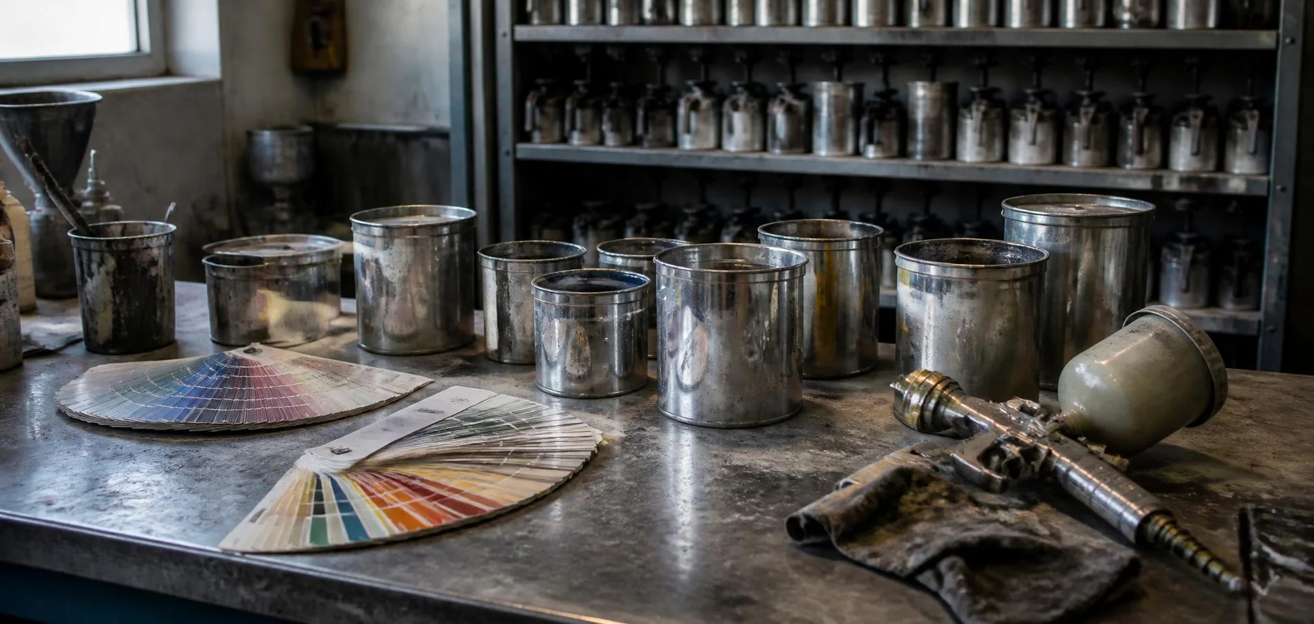 Paint mixing bench with metal tins, colour swatch fans and a spray gun — TKM Smash Repairs, Edmonton QLD