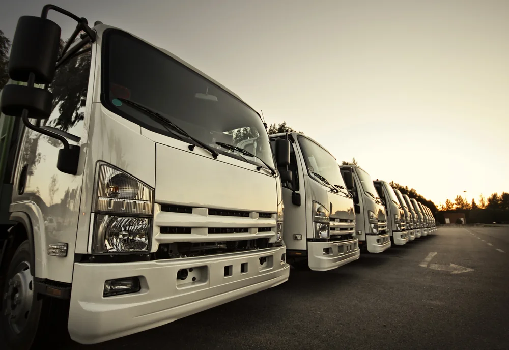 Row of white trucks lined up at sunset — TKM Smash Repairs, Edmonton QLD